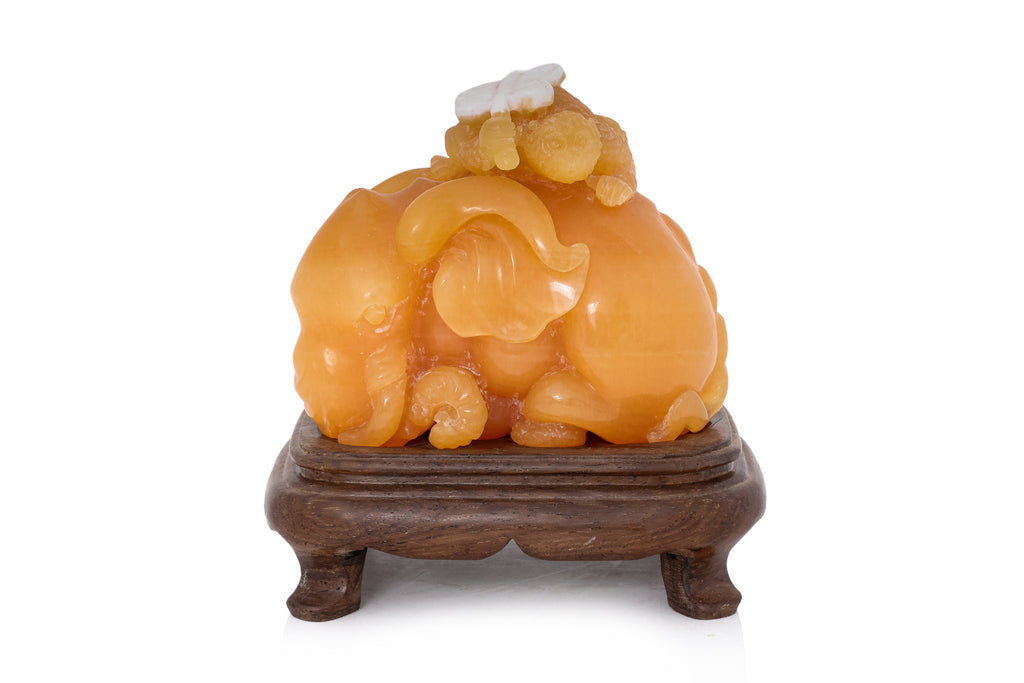 A YELLOW TIANHUANG-TYPE STONE MODEL OF AN ELEPHANT AND MONKEY