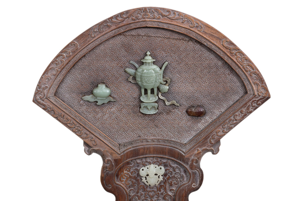 A JADE INSET CARVED HARDWOOD TABLE SCREEN