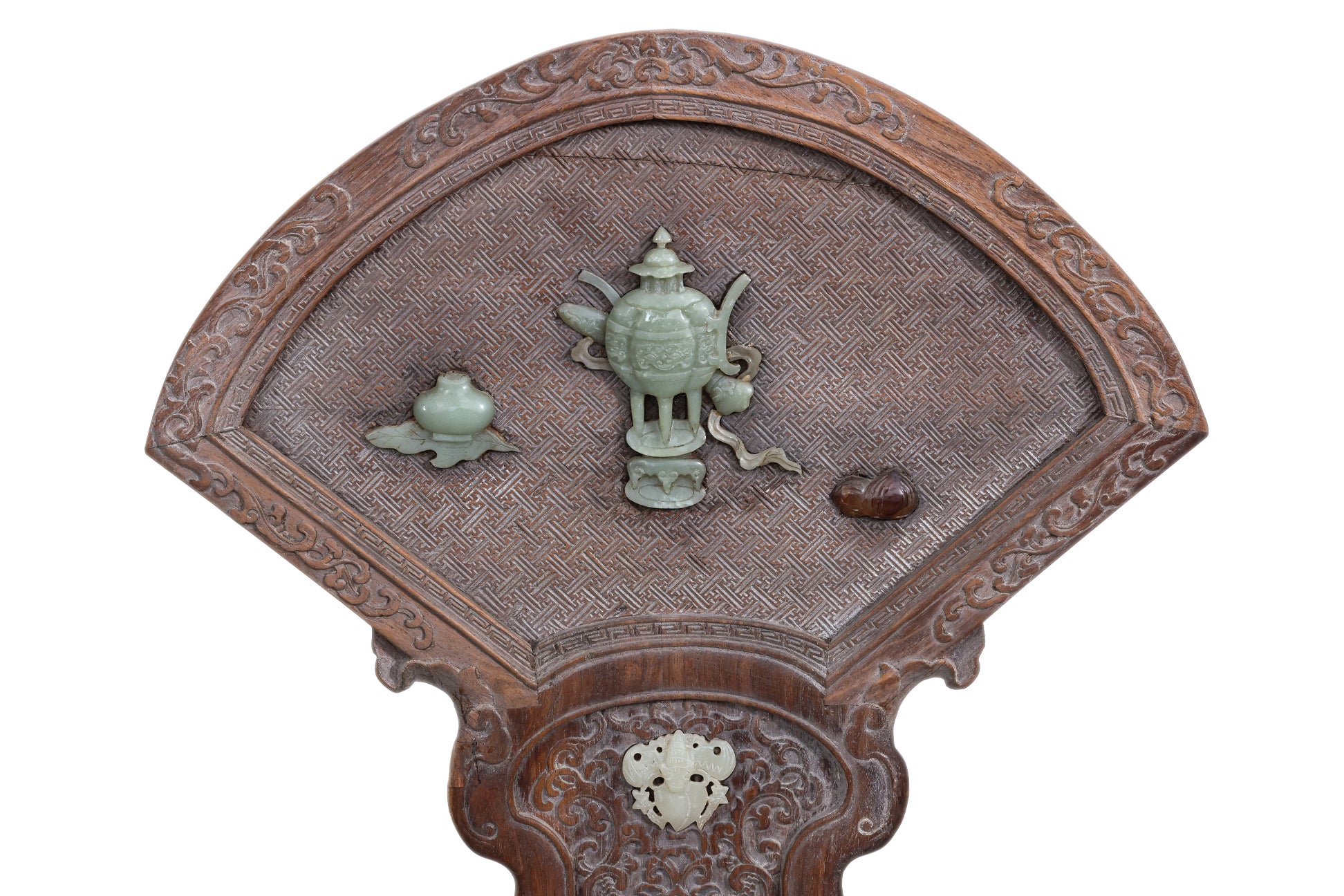 A JADE INSET CARVED HARDWOOD TABLE SCREEN