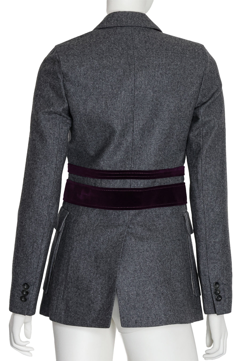 CARVEN - A GREY WOOL BLAZER WITH DOUBLE PURPLE VELVET BELTS