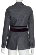 CARVEN - A GREY WOOL BLAZER WITH DOUBLE PURPLE VELVET BELTS