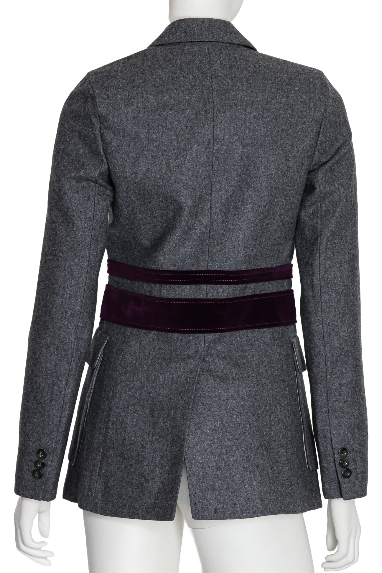 CARVEN - A GREY WOOL BLAZER WITH DOUBLE PURPLE VELVET BELTS