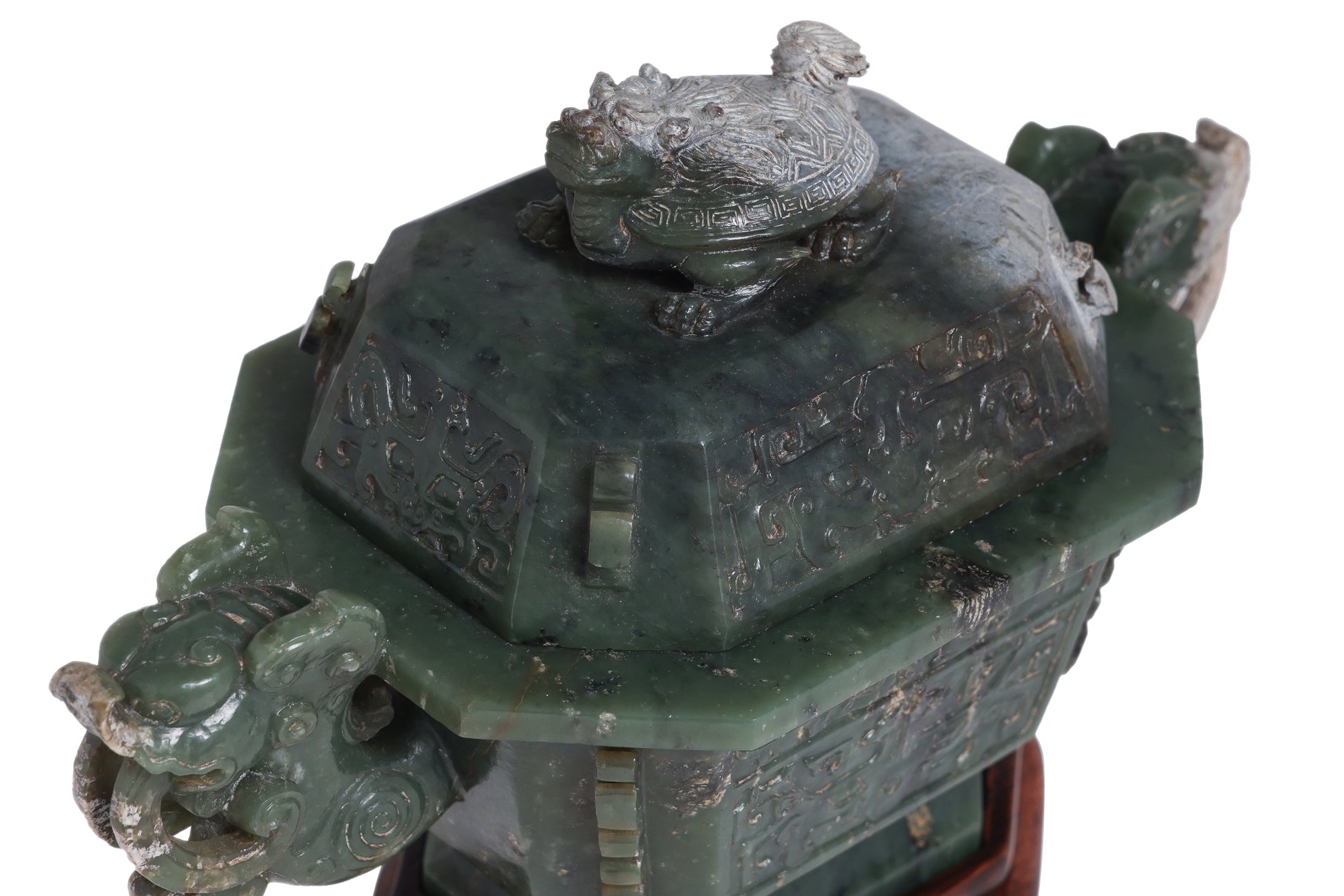 A SPINACH GREEN JADE ARCHAISTIC TWIN HANDLED CENSER AND COVER
