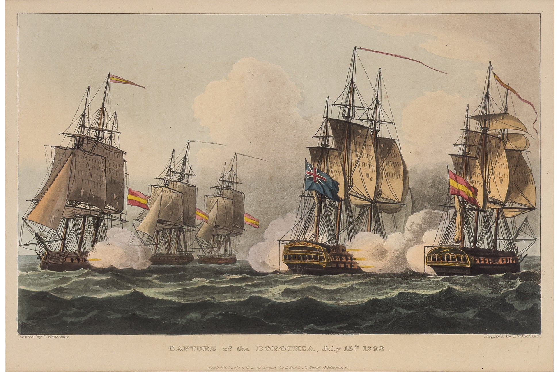 A GROUP OF SIX HAND-COLOURED ENGRAVINGS OF NAVAL BATTLES, JAMES JENKINS, C. 1830