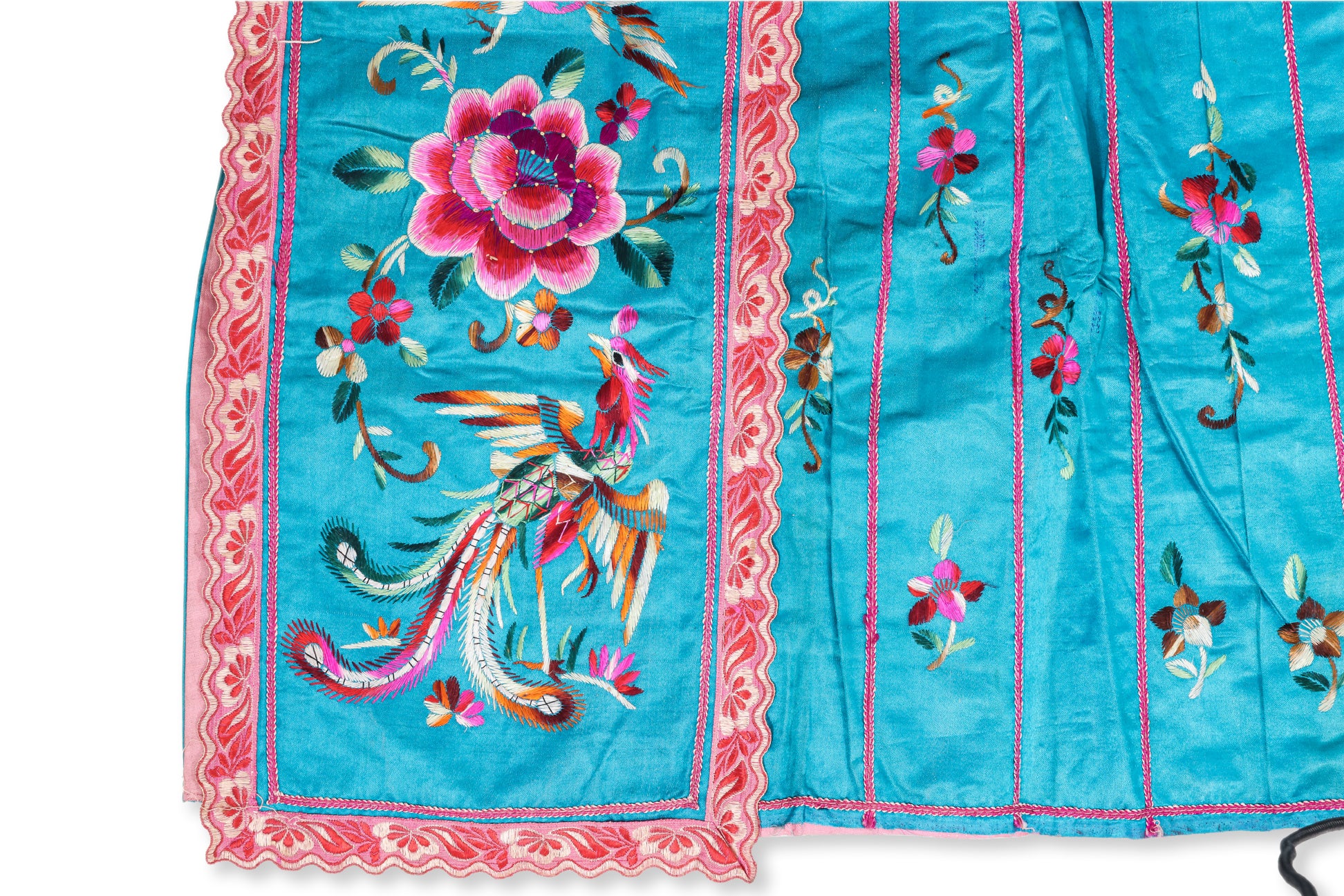 A BLUE SILK PHOENIX AND PEONY EMBROIDERED SKIRT
