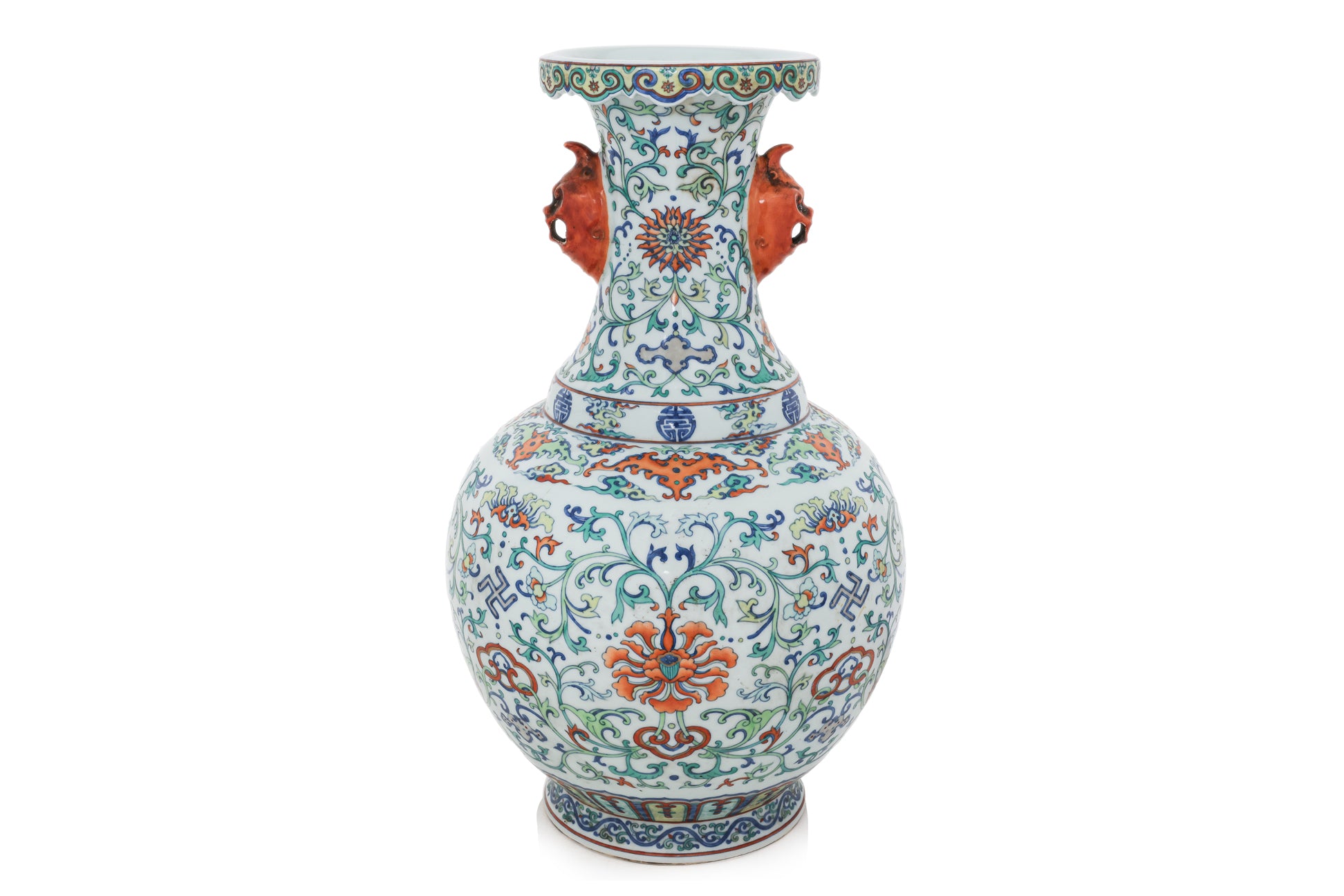 A LARGE DOUCAI VASE WITH MASK HANDLES