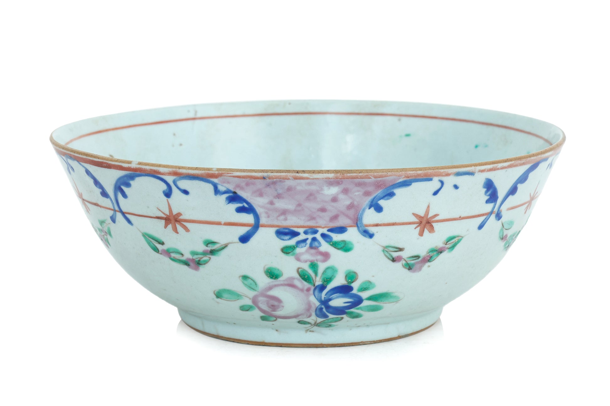 A FAMILLE ROSE CANTON BOWL AND A MONOCHROME BLUE DISH
