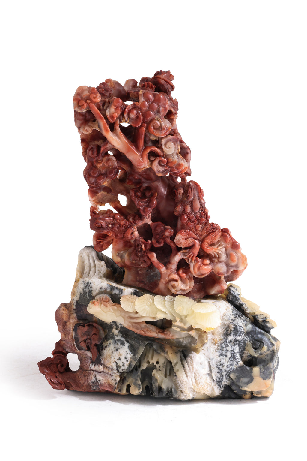 A SHOUSHAN STONE MODEL OF LUCKY TOADS, LINGZHI, AND PINE TREES
