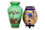 A GROUP OF FIVE COLOURED GLASS VASES