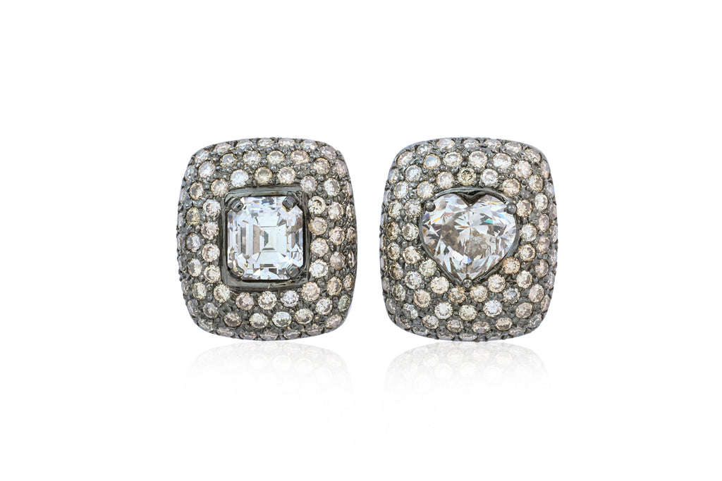 A PAIR OF BROWN DIAMOND MISMATCH CLUSTER EARRINGS