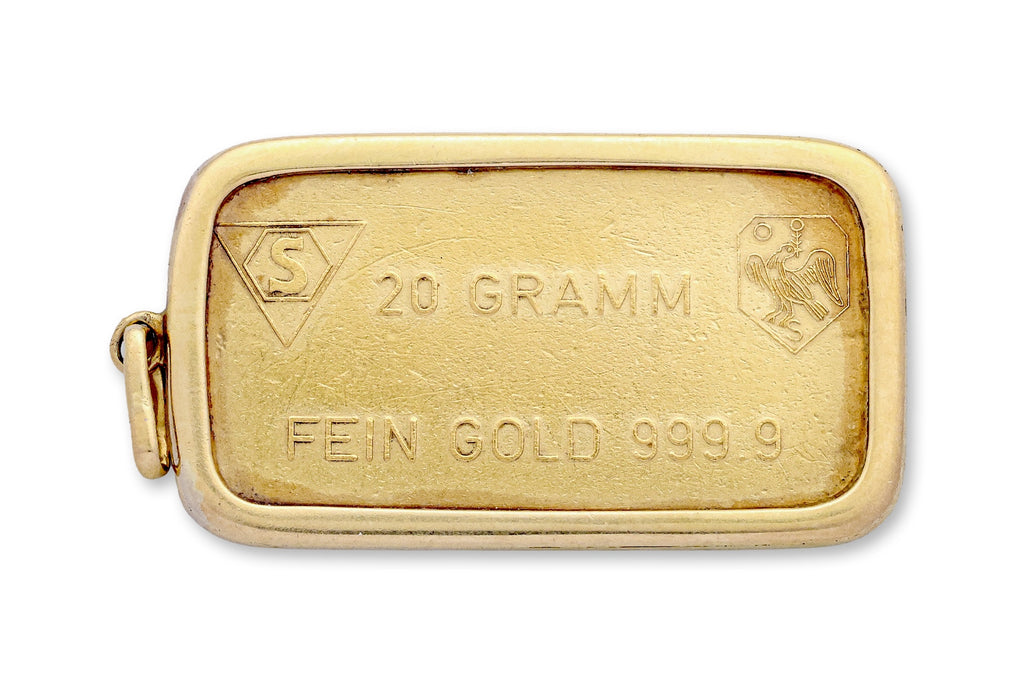 A SWISS 20 GRAM FINE GOLD BAR PENDANT
