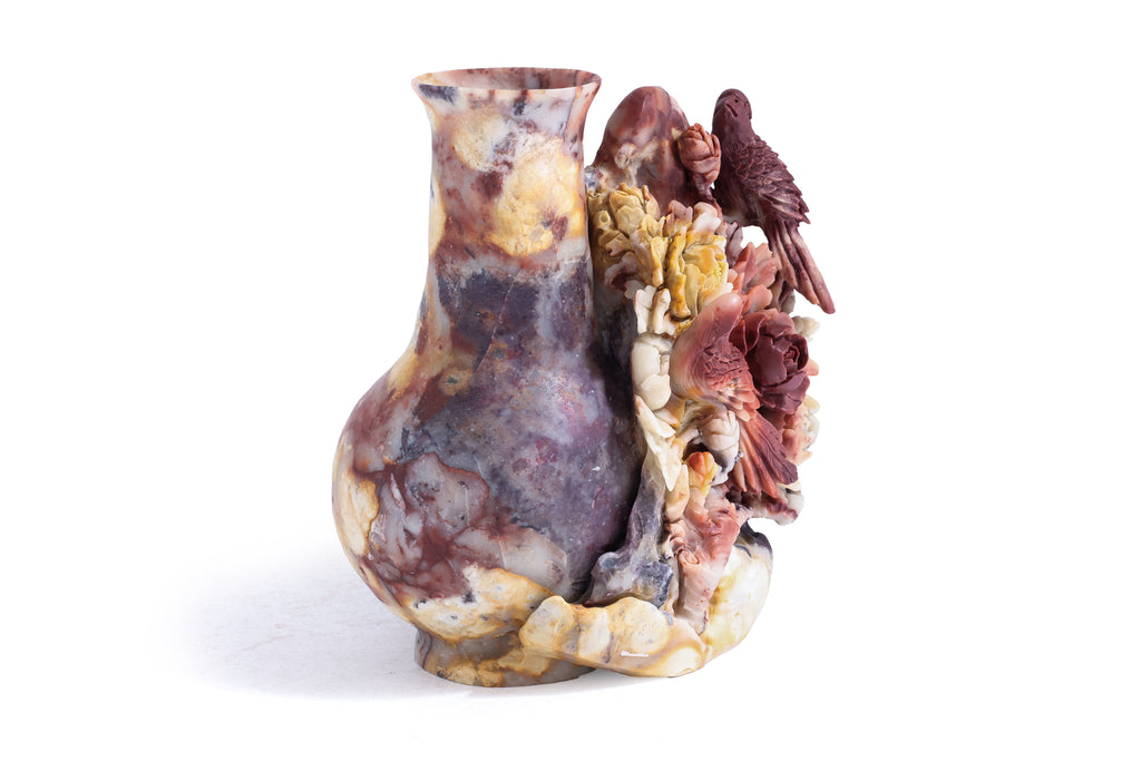 A SHOUSHAN STONE VASE WITH BIRDS AND PEONIES