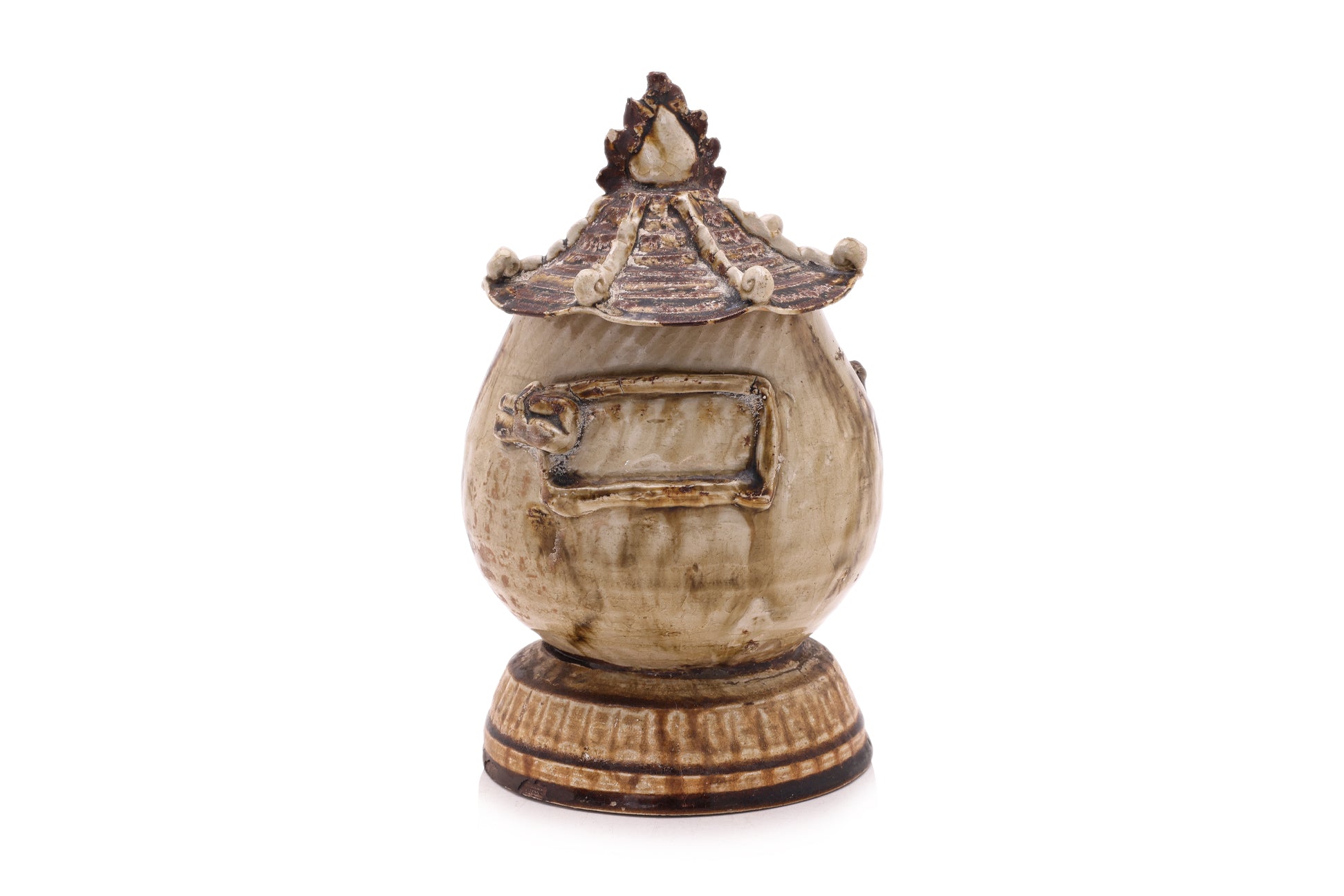 AN EARTHENWARE GRANARY JAR AND COVER