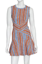 CARVEN - A SLEEVELESS ORANGE AND BLUE GEOMETRIC PRINT WOVEN DRESS