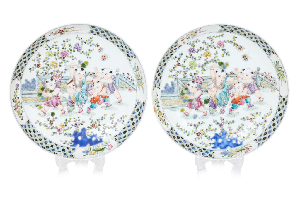A PAIR OF FAMILLE ROSE 'BOYS' DISHES
