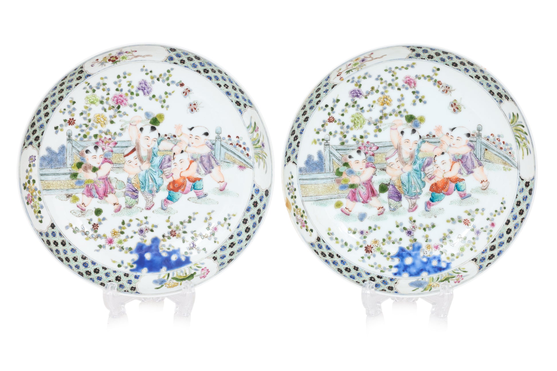 A PAIR OF FAMILLE ROSE 'BOYS' DISHES