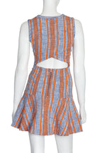CARVEN - A SLEEVELESS ORANGE AND BLUE GEOMETRIC PRINT WOVEN DRESS