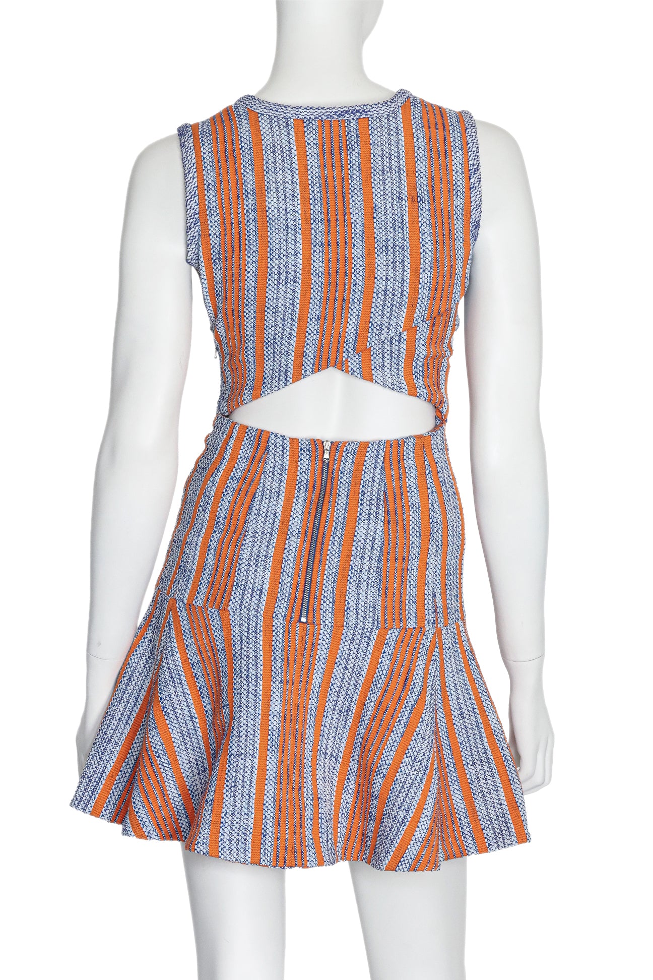 CARVEN - A SLEEVELESS ORANGE AND BLUE GEOMETRIC PRINT WOVEN DRESS