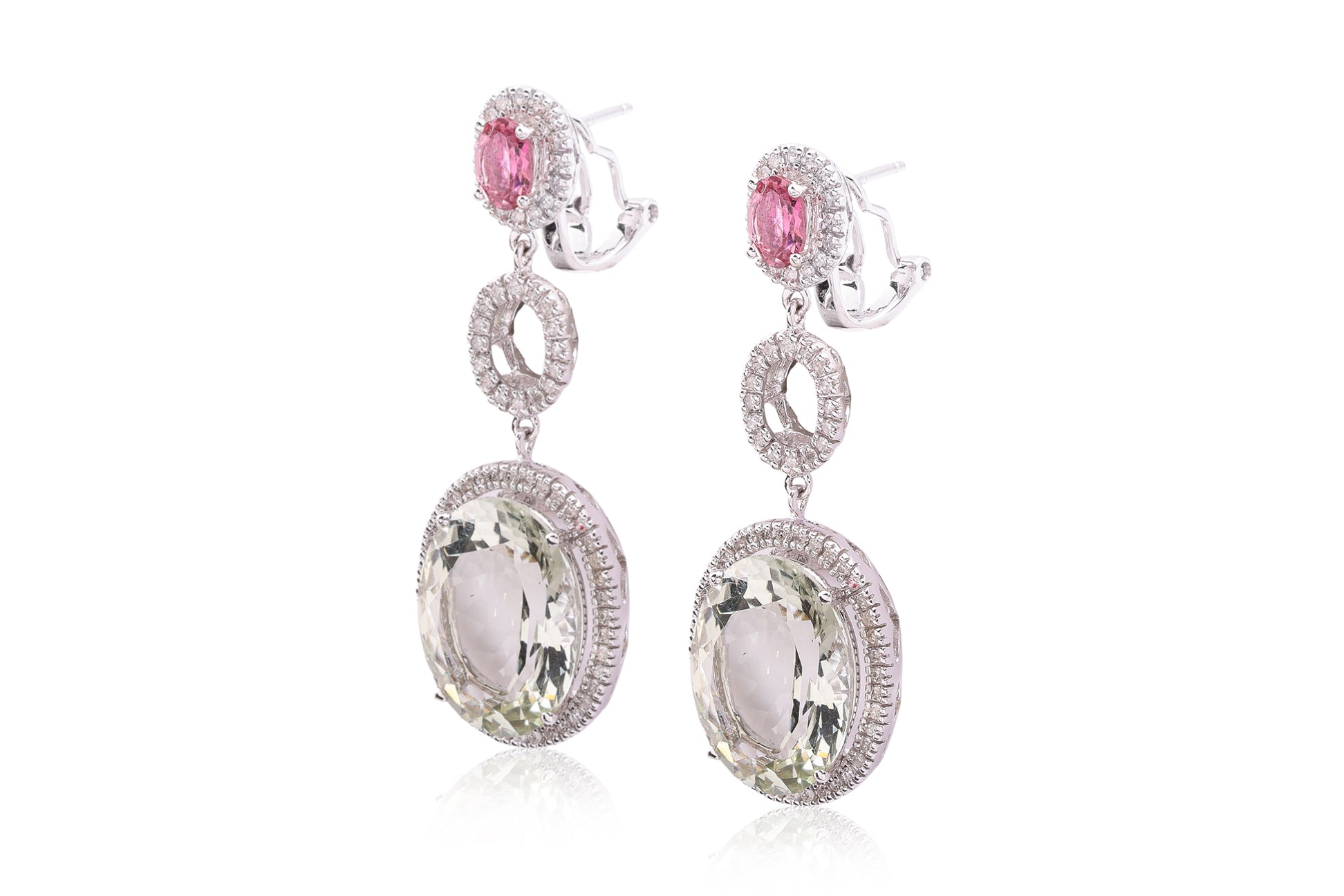 A PAIR OF PRASIOLITE, PINK TOURMALINE AND DIAMOND EARRINGS