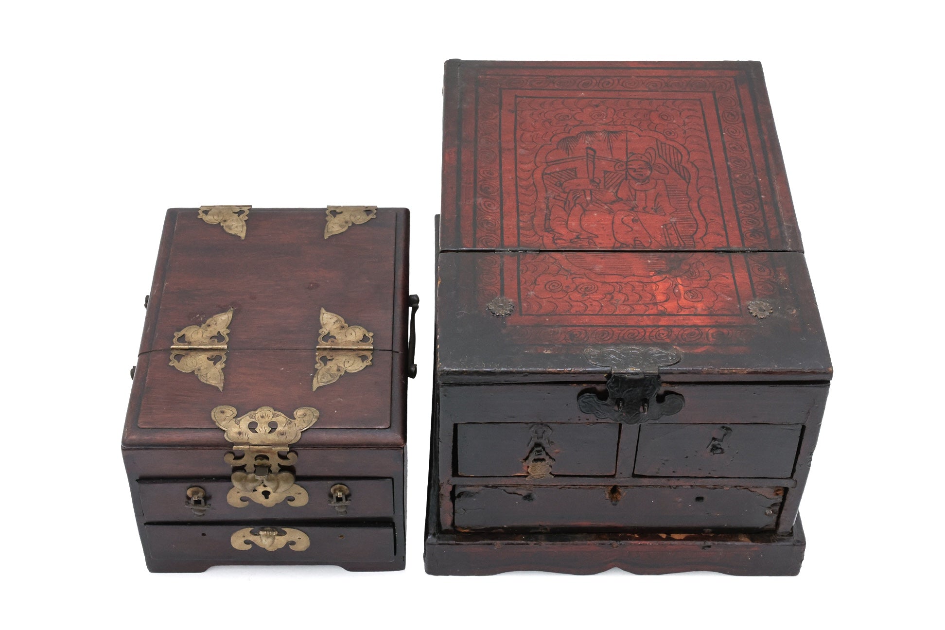 TWO WOODEN DRESSING TABLE BOXES