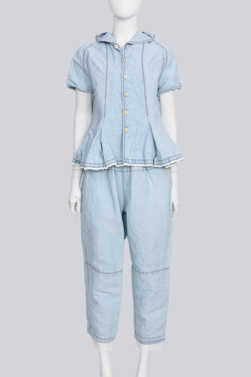 COMME DES GARCONS TRICOT - A 2014 LINEN-COTTON BLEND BLUE BLOUSE AND MATCHING TROUSER ENSEMBLE