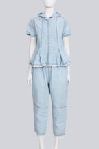 COMME DES GARCONS TRICOT - A 2014 LINEN-COTTON BLEND BLUE BLOUSE AND MATCHING TROUSER ENSEMBLE
