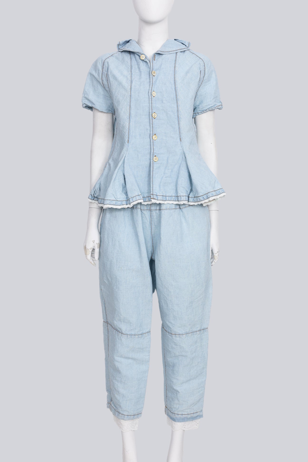COMME DES GARCONS TRICOT - A 2014 LINEN-COTTON BLEND BLUE BLOUSE AND MATCHING TROUSER ENSEMBLE