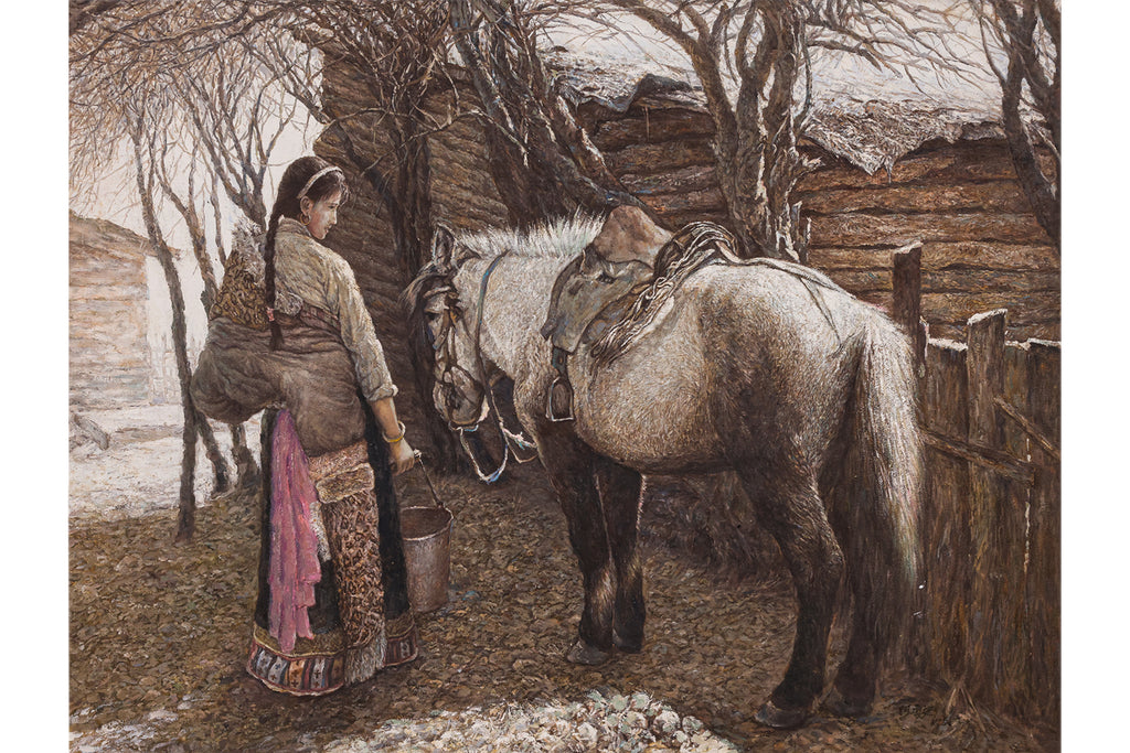 YONG JIN (CHINESE, 20TH CENTURY) - A LADY BESIDE A HORSE