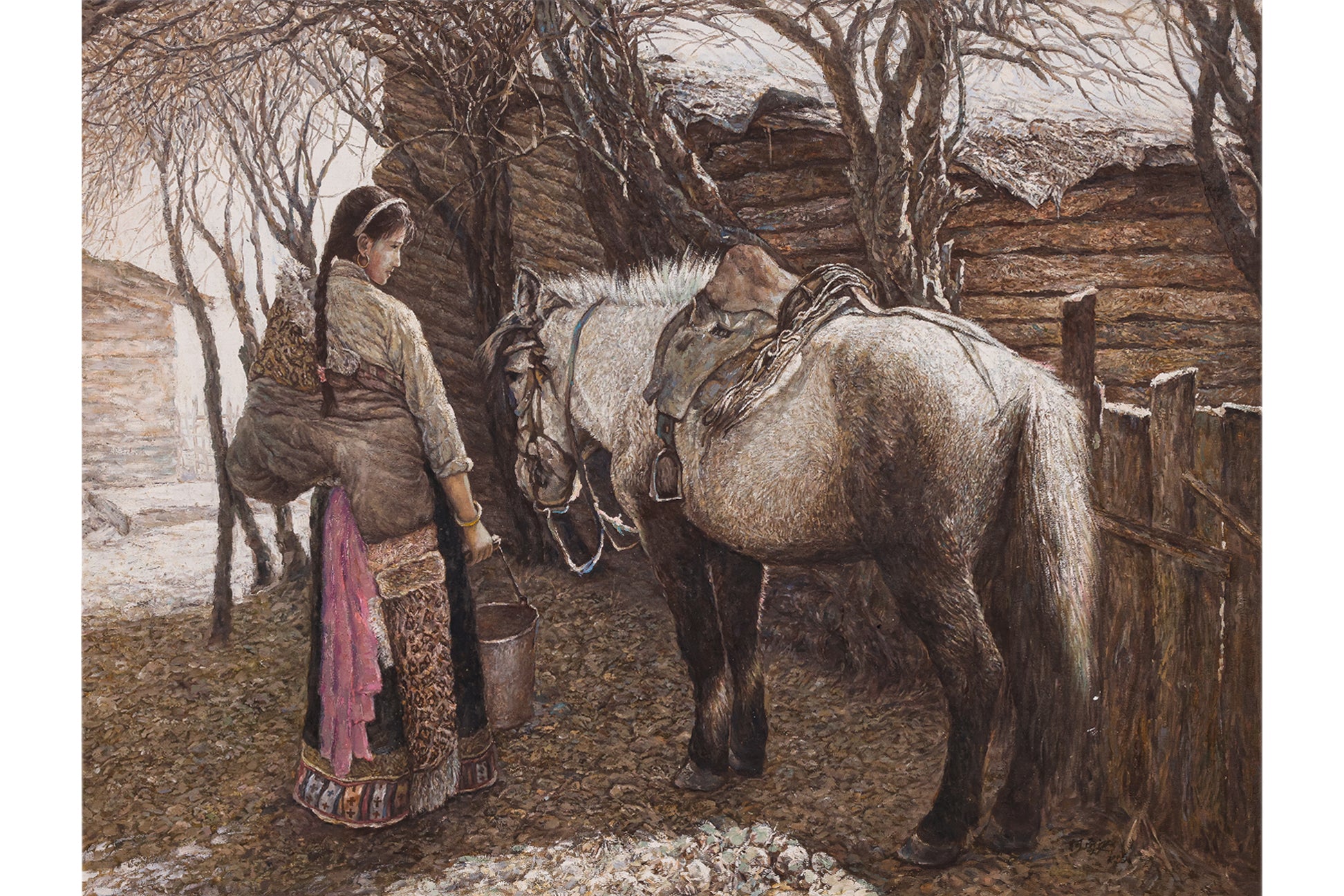 YONG JIN (CHINESE, 20TH CENTURY) - A LADY BESIDE A HORSE