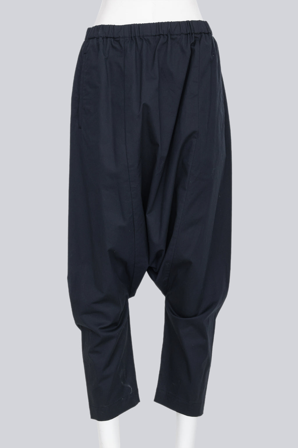 COMME DES GARCONS - A PAIR OF 2014 COTTON BLEND NAVY DROP CROTCH TROUSERS