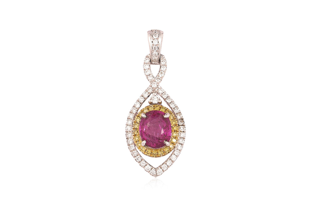 AN UNHEATED BURMESE RUBY AND DIAMOND TWO TONE PENDANT