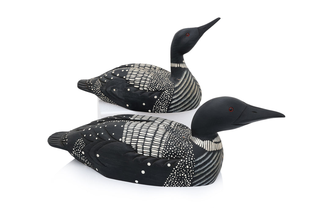 TWO CARVED AND PAINTED WOODEN DUCK DECOYS BY JAMES HADDON