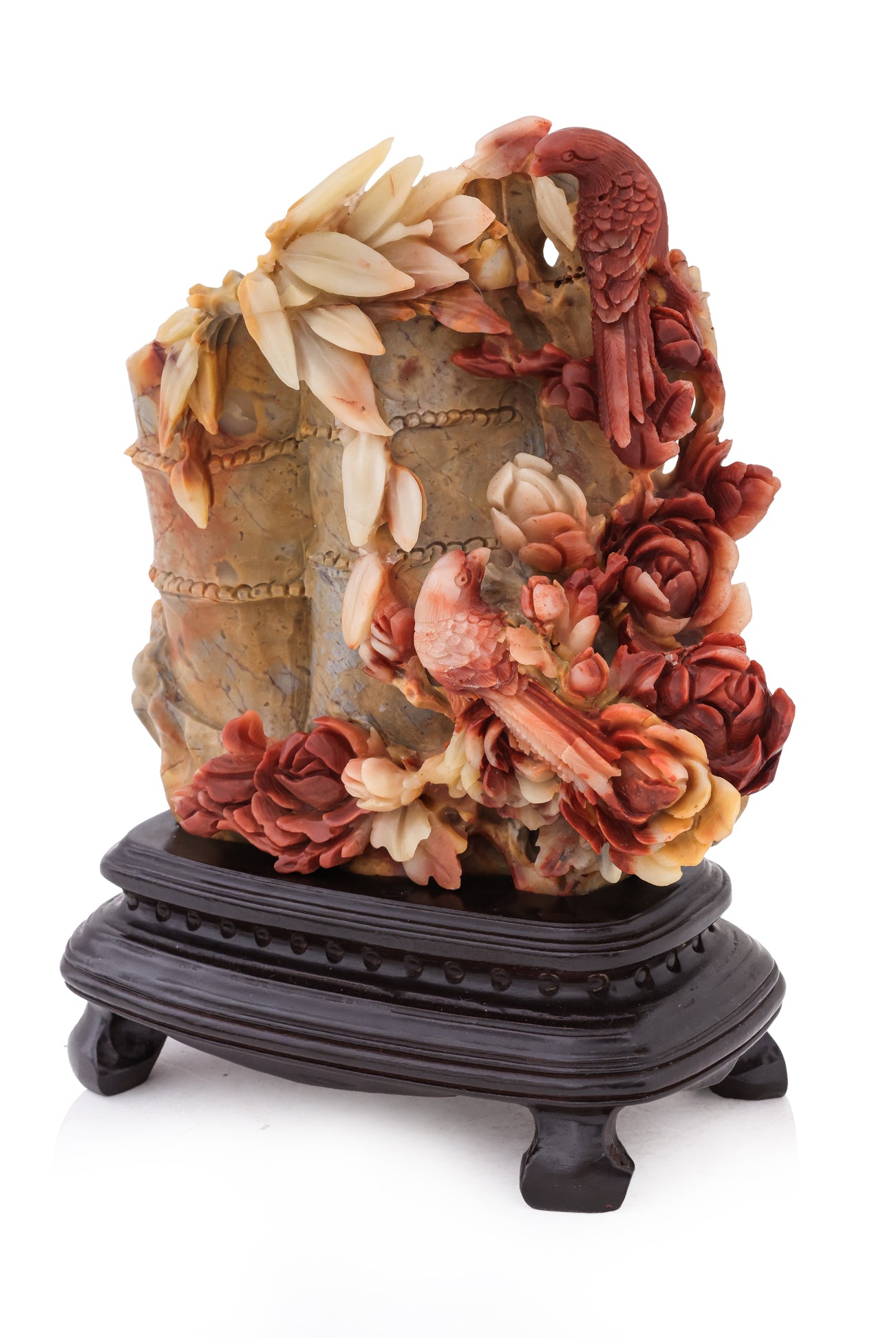 A SHOUSHAN STONE MODEL OF BAMBOO WITH BIRDS AND PEONIES