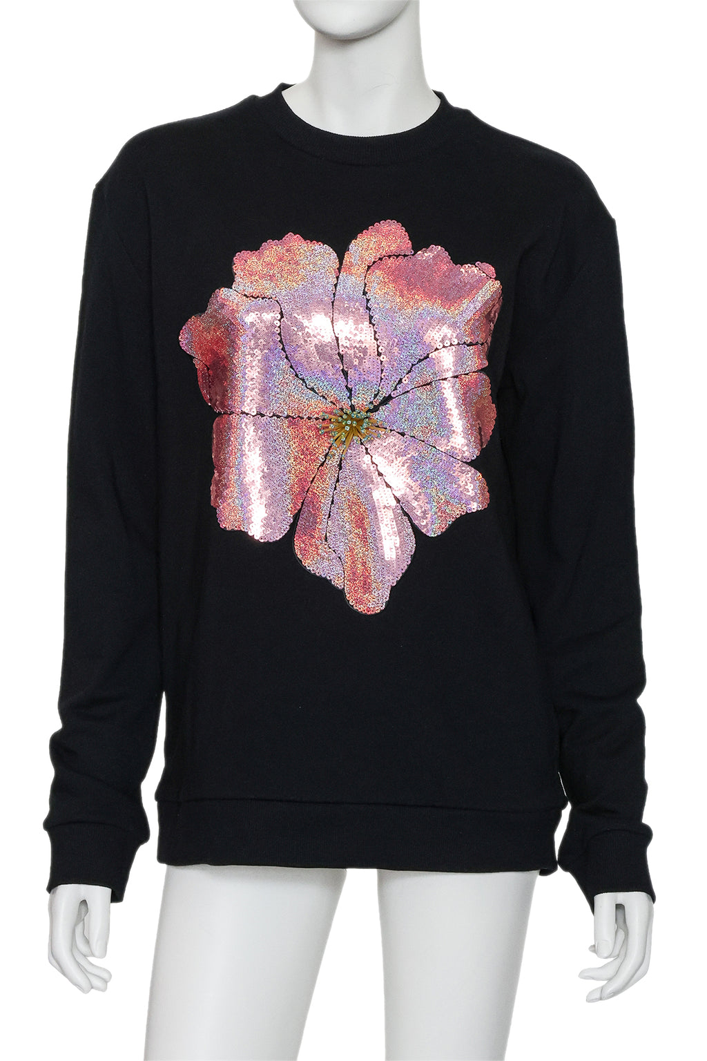 CHRISTOPHER KANE - A BLACK SWEATSHIRT WITH SEQUIN HIBISCUS FLOWER MOTIF