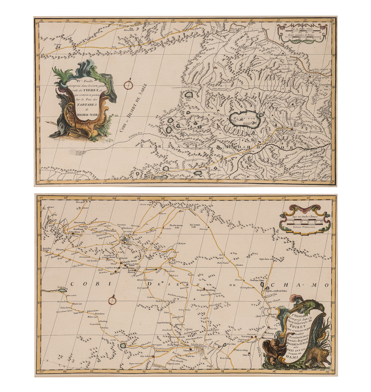 TWO EARLY HAND-COLOURED AND ENGRAVED MAPS OF TIBET, JEAN B. B. D'ANVILLE, 1737