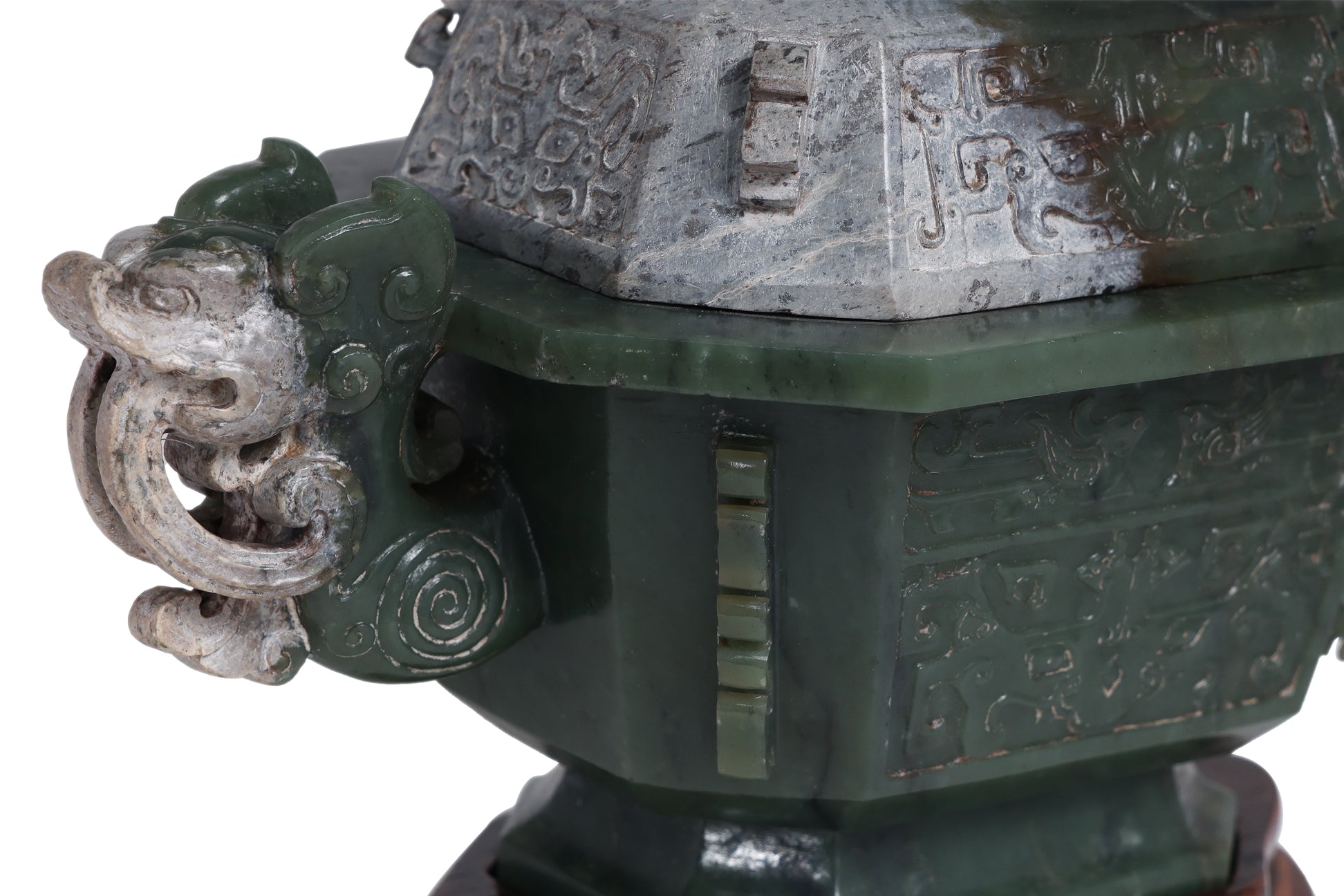 A SPINACH GREEN JADE ARCHAISTIC TWIN HANDLED CENSER AND COVER