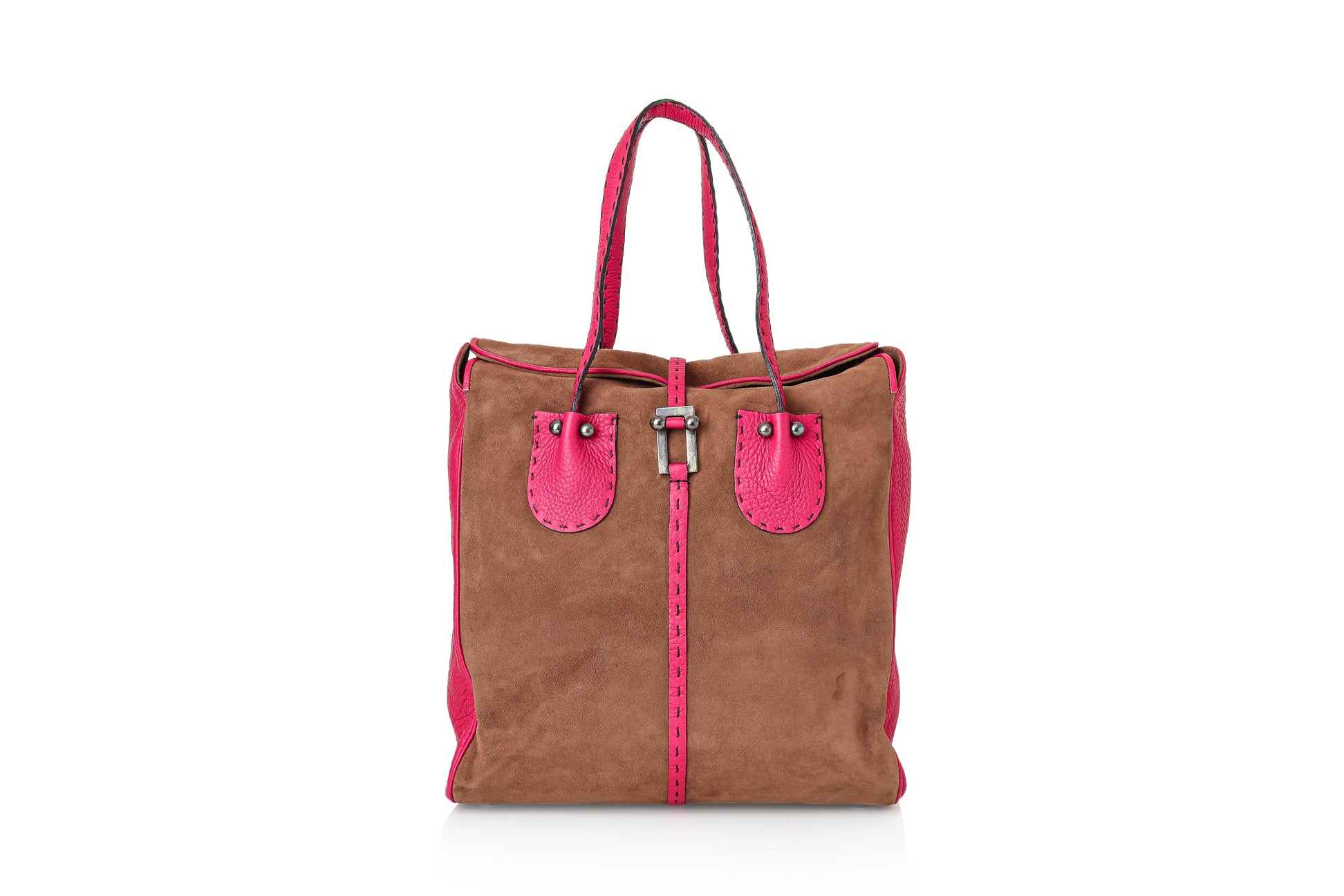 RENAUD PELLEGRINO - A BROWN SUEDE AND PINK LEATHER BAG