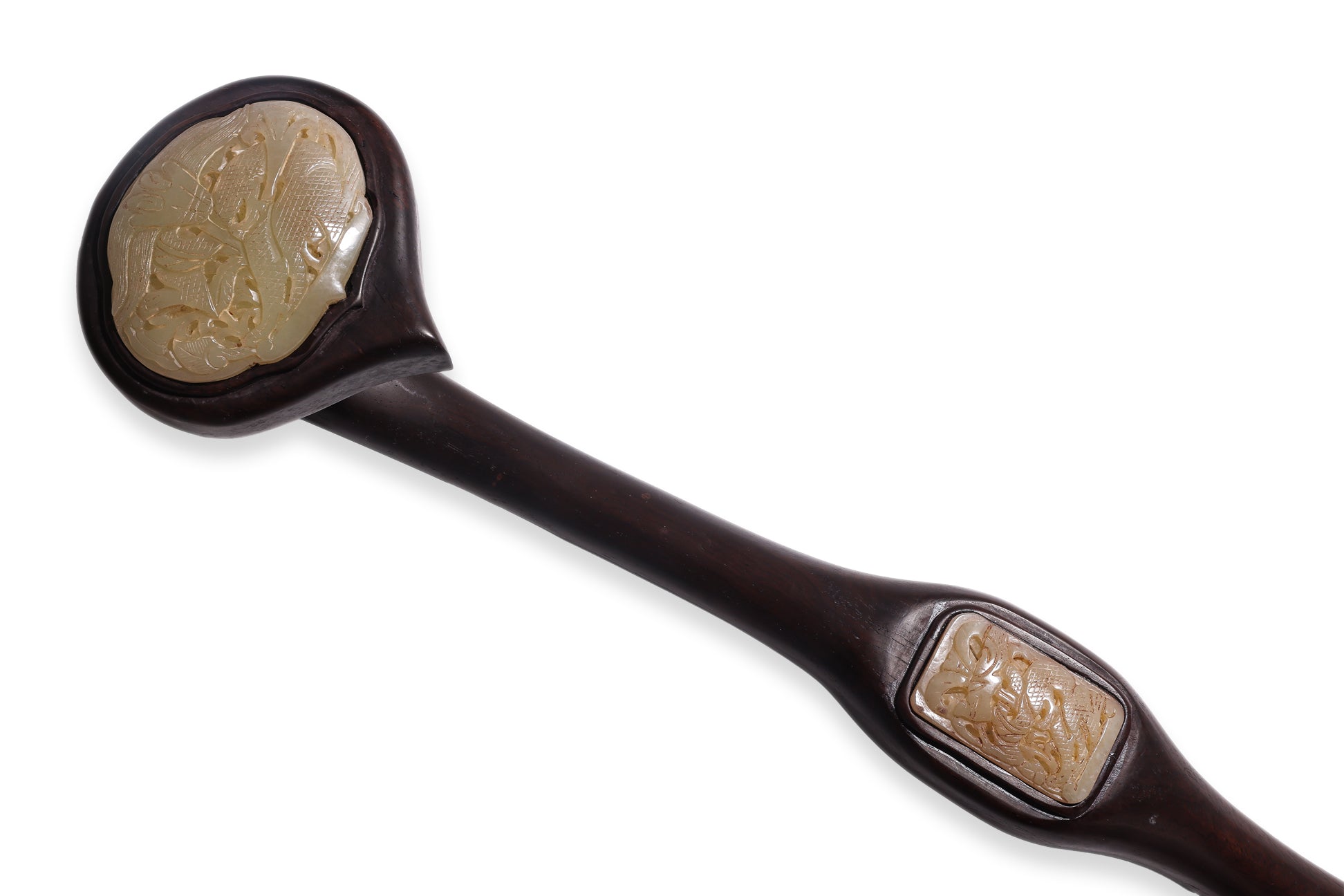 A HARDWOOD AND JADE INSET RUYI SCEPTRE