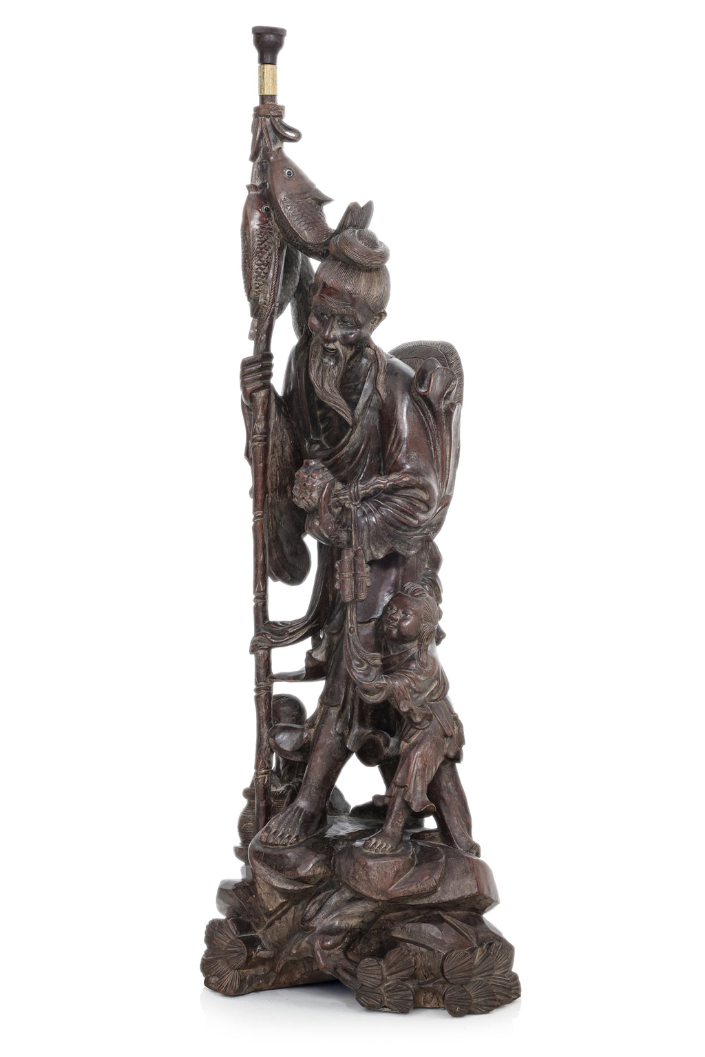 A LARGE CHINESE HARDWOOD FIGURAL LAMP