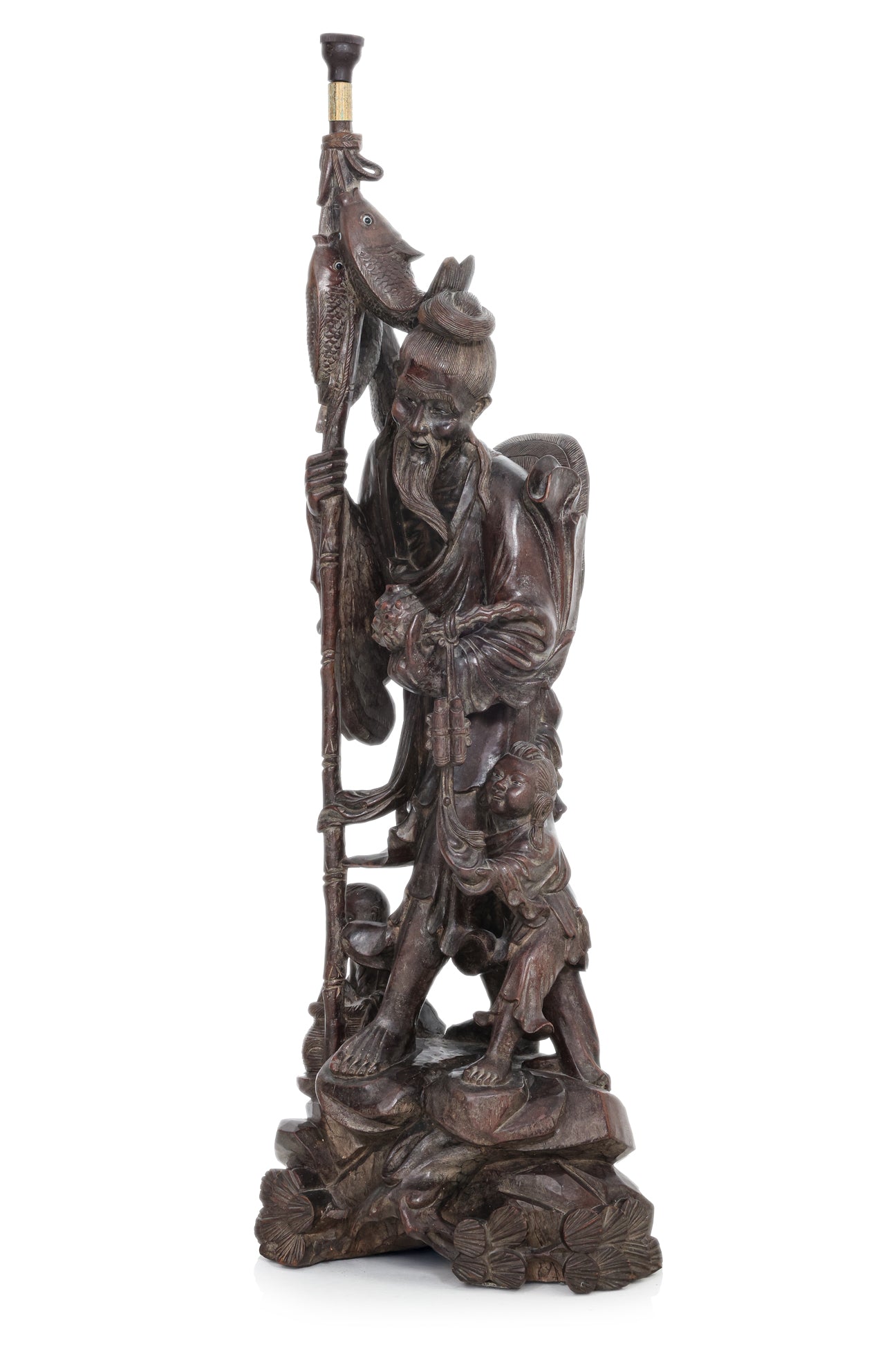 A LARGE CHINESE HARDWOOD FIGURAL LAMP