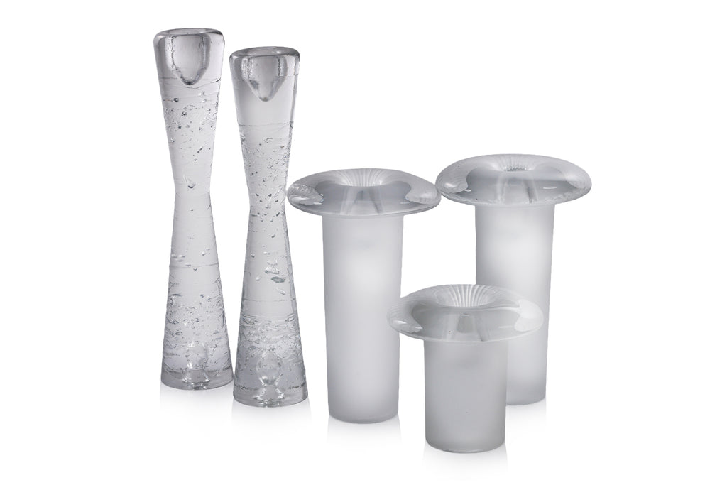 A GROUP OF EUROPEAN GLASS CANDLESTICKS AND VASES
