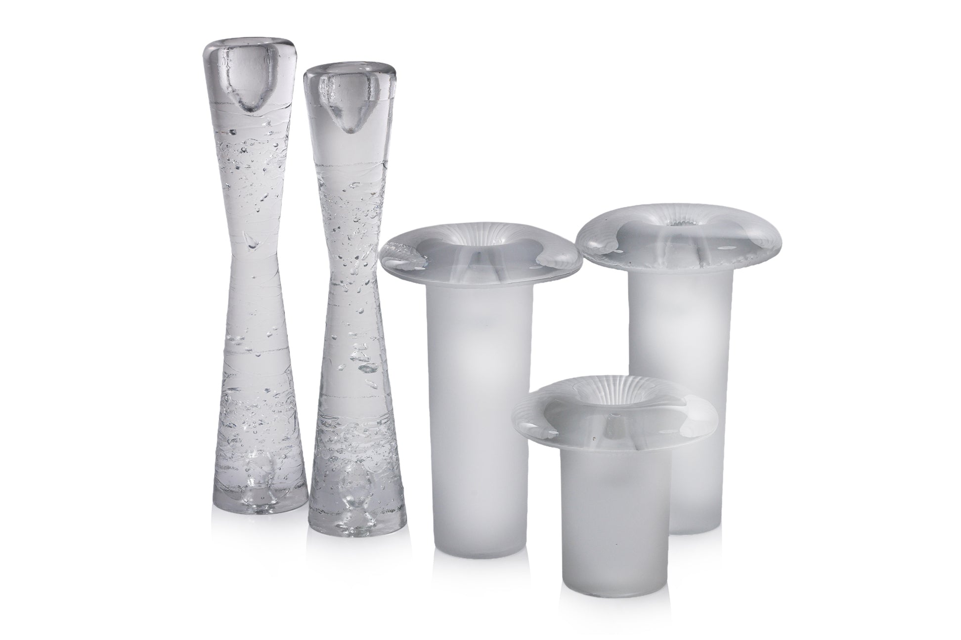 A GROUP OF EUROPEAN GLASS CANDLESTICKS AND VASES