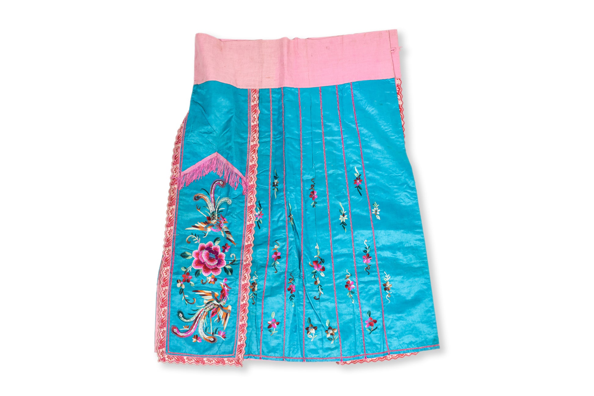 A BLUE SILK PHOENIX AND PEONY EMBROIDERED SKIRT
