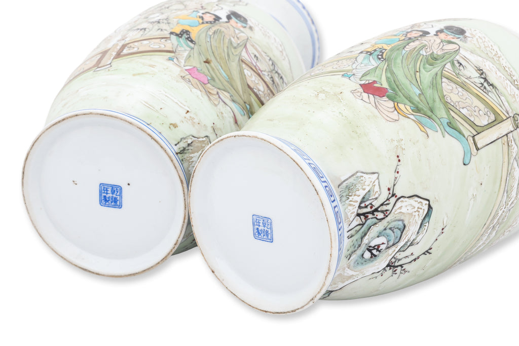 A PAIR OF WINTER SCENE DECORATED PORCELAIN VASES