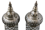 A PAIR OF METAL AND GLASS TABLE LAMPS