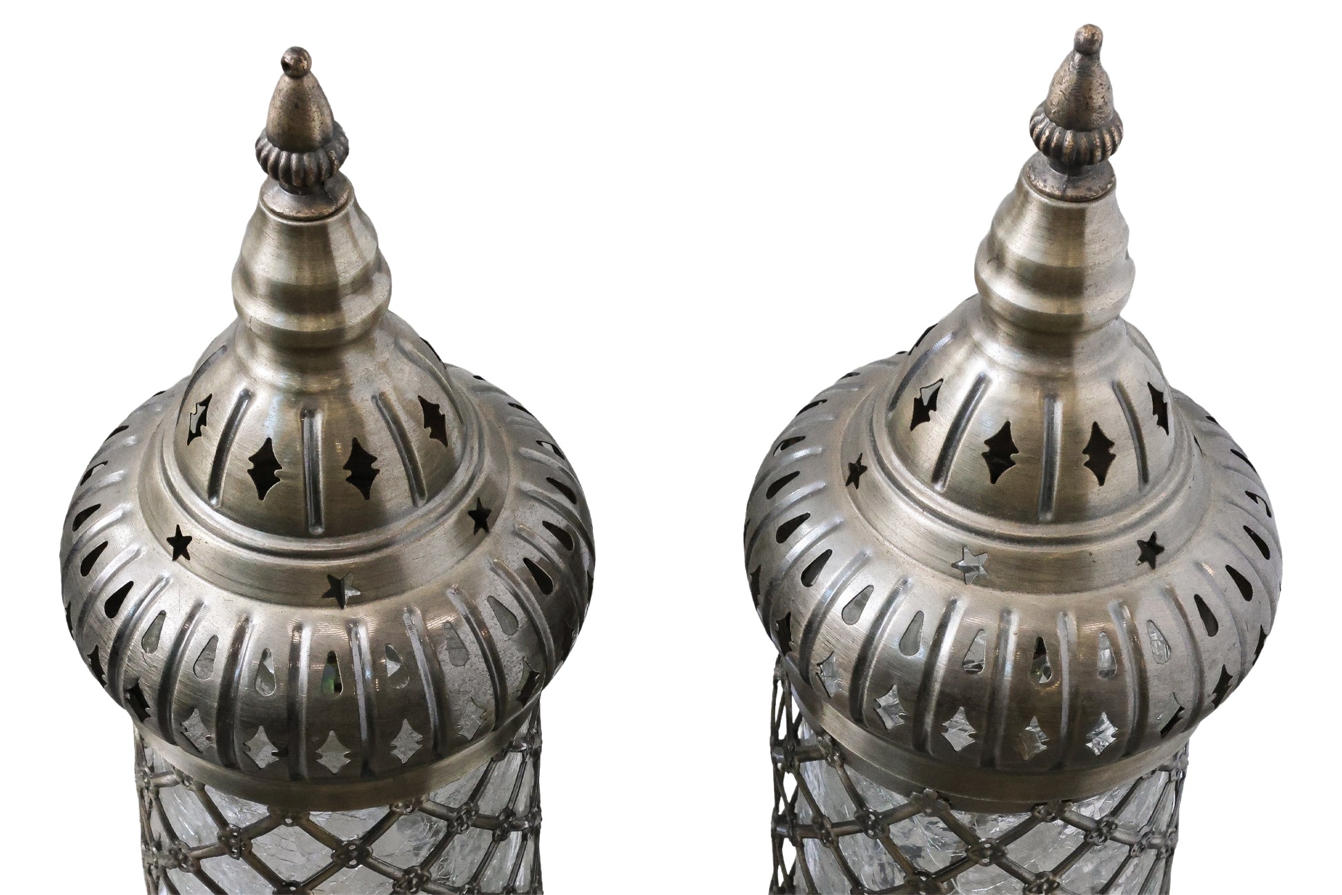 A PAIR OF METAL AND GLASS TABLE LAMPS