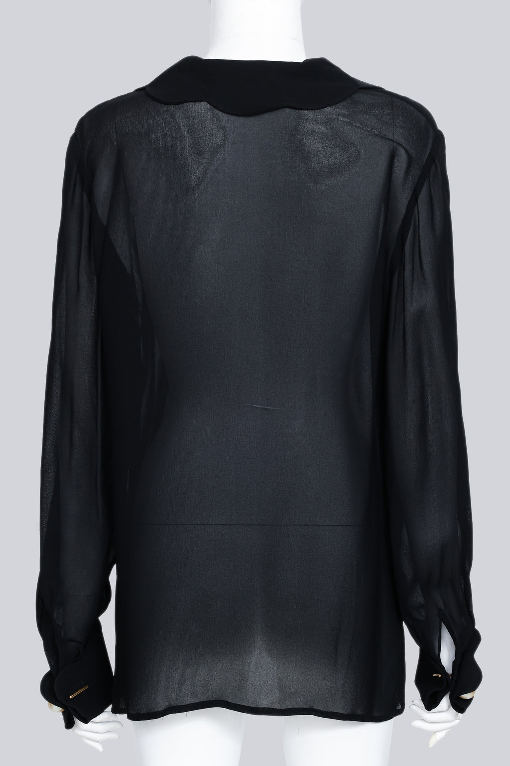 VALENTINO - A BLACK SHEER COLLARED BLOUSE WITH FAUX PEARL CUFF BUTTONS