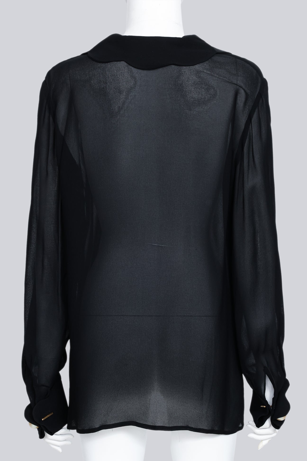 VALENTINO - A BLACK SHEER COLLARED BLOUSE WITH FAUX PEARL CUFF BUTTONS