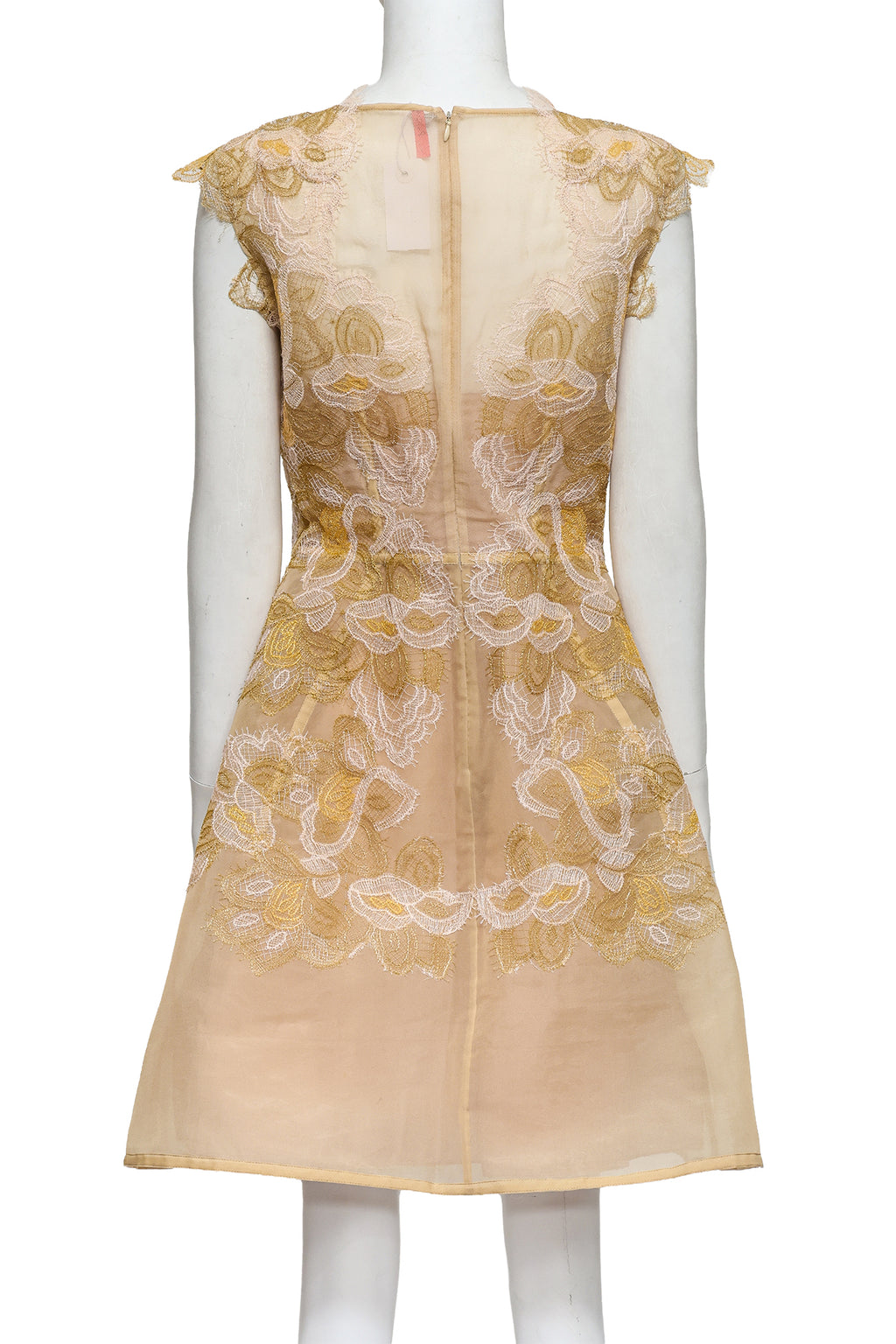 ALBERTA FERRETTI - A BEIGE AND GOLD LACE SILK DRESS WITH SLIP