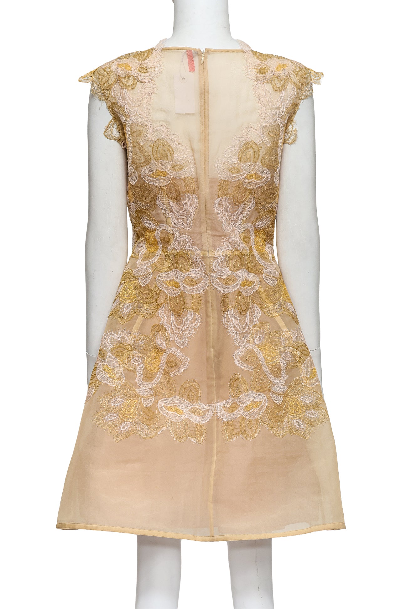 ALBERTA FERRETTI - A BEIGE AND GOLD LACE SILK DRESS WITH SLIP